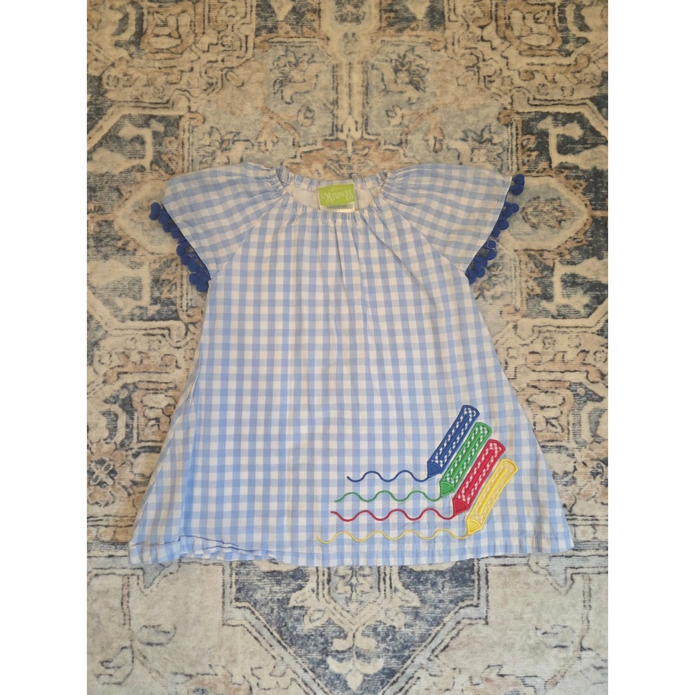 Classic Whimsy Toddler 2T Blue Gingham Short Sleeve Crayon Back to School Dress